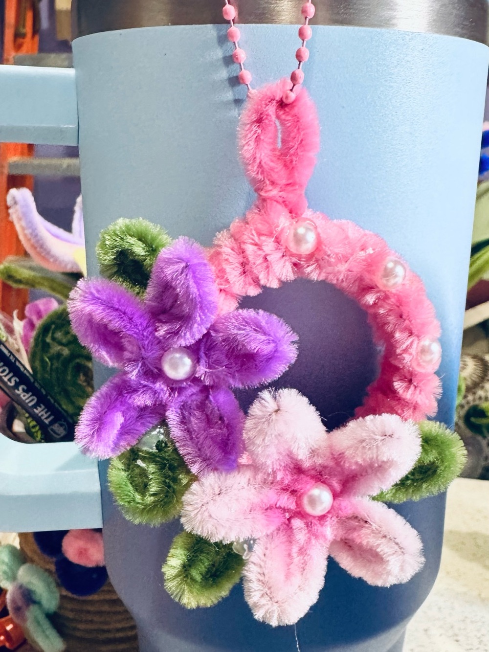 Fuzzy Floral  Charm - Pink, Purple & Green